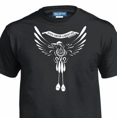 a black t - shirt with an image of a skeleton and wings