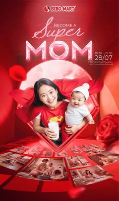 a woman holding a baby on top of a red background with photos in the shape of hearts