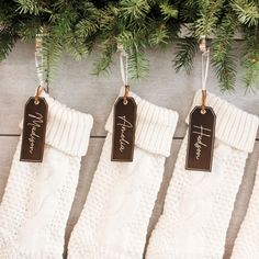 three christmas stockings hanging from a tree with the names of two people and one person