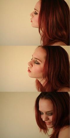 three different pictures of a woman with red hair