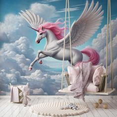 a pink and white unicorn on a swing in the sky with clouds behind it,