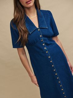 Daisy is back for another season in denim. This indigo blue mini dress from Nobody's Child is made from organic cotton with a button-through front and an oversized collar that feels so of-the-moment. Style yours with everything from white trainers to stompy boots. Indigo Dress, Midi Denim, Oversized Collar, Iconic Dresses, Blue Mini Dress, Swaggy Outfits, Black Midi, Dress Shapes, Sleeve Midi Dress