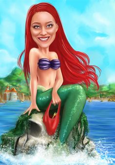 a painting of a mermaid sitting on top of a rock in the ocean with long red hair