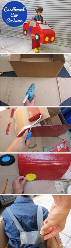 there are four pictures of different toys in the same box and one is being made out of cardboard