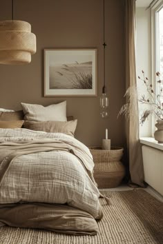 a bed sitting next to a window in a room with brown walls and pillows on top of it