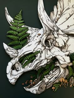 an animal skull with plants growing out of it