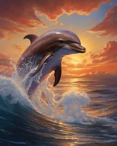 a painting of two dolphins jumping out of the water at sunset with clouds in the background