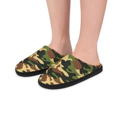 Women's Camouflage Slippers Each slipper is made 100% with soft, comfy flannel fleece fabric while the outer sole is flexible, anti-skid, and delivers higher durability along with a better grip on shiny floors. Each pair comes with removable insoles, making possible the use of custom foot orthotics. .: Material: 100% polyester outer-layer and lining .: Black rubber sole .: Removable insole      Shop More in our store: https://linerdesignerstudio.etsy.com  Thank you, Andrew and Caroline Camouflage Bedroom, Shiny Floors, Bedroom Slippers, Warm Slippers, Good Grips, Black Rubber, Fleece Fabric, Womens Slippers, Warm And Cozy