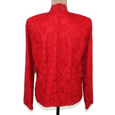 This lovely red lace blouse is a long sleeve button up and was made in Korea by Karen Scott. The blouse is collarless with a subtle scalloped edge. The blouse has a casual fit and shoulder pads (easily removed). The top is in new with tags attached condition. Hand wash, dry flat. Marked petite large ~ MEASUREMENTS compare to SIZE - Large Between shoulder seams ~ 16-1/2 inches Sleeve length ~ 24 inches Armpit to armpit ~ 21 inches * Bust up to 42 inches Waist ~ 39-3/4 inches Length from top of sh Formal Long Sleeve Lace Top For Fall, Formal Long Sleeve Lace Top, Red Lace Long Sleeve Top, Red Lace Blouse For Spring, Red Lace Blouse, Women Lace Blouse, Karen Scott, Red Lace, Dressy Tops