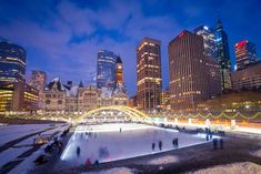 people skating on an ice rink in the city