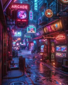 an alleyway with neon lights and signs on the buildings in the rain at night