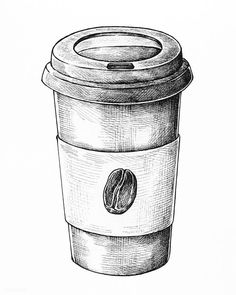 a black and white drawing of a coffee cup with the lid open, on a white background