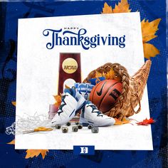 a thanksgiving card with an image of a basketball, pumpkins and other sports equipment