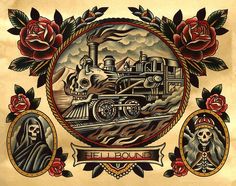 a book with an image of a train and skulls on the cover is opened to show it's artwork