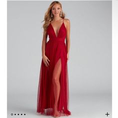 Windsor Dress Size Small Nwt Deep Plunge, Two Slits, Open Back With Criss-Cross Straps Formal Dress Burgundy, Flowy Dress Formal, Windsor Prom Dress, Flowy Long Dress, Red Flowy Dress, Tulle Formal Dress, Dress Satin Bridesmaid, Windsor Dress, Pleated Tulle