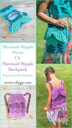 the mermaid ripple purse is crocheted in purple and blue