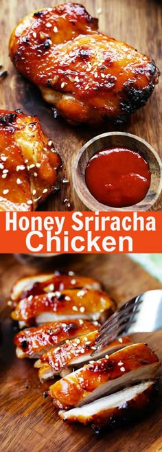 honey sriracha chicken on a cutting board with ketchup