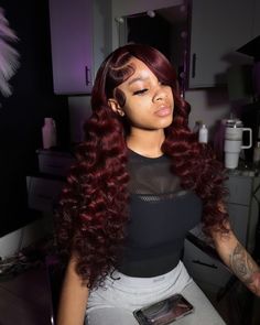 Burgundy Hair Black Women, Burgundy Curly Wig, Curly Wig Hairstyles Black Women, Wig Hairstyles Black Women, Curly Wig Hairstyles, Dark Burgundy Hair, Curly Sew In, Birthday Style