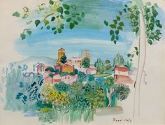 a drawing of a village with trees and houses in the background, watercolor on paper