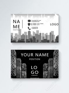 two business cards with black and white cityscape