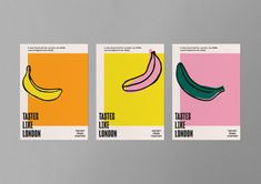 three posters with different types of bananas on them, one is yellow and the other is pink