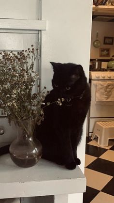 a black cat sitting on top of a counter next to a vase filled with flowers