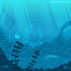 an underwater scene with plants and rocks