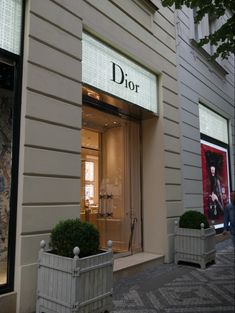 the entrance to a store called dior with two planters in front of it