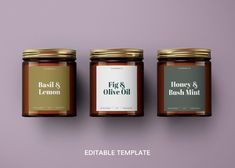 three jars of honey on a purple background with the words, fig & olive oil