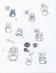 an image of various cartoon characters drawn on white paper with blue marker pen and ink