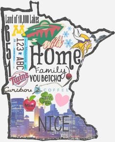 the state of minnesota is depicted in this hand - drawn map with words and symbols