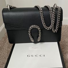 Brand New, Never Worn Gucci Dionysius Black Bag With Silver Hardware. Original Box, Dust Bag, And Paperwork. Size: 11"W X 7"H X 3.5"D Gucci Marmont Mini Bag, Gucci Soho Disco Bag, Gucci Belt Bag, Soho Disco Bag, Gucci Mini, Gucci Purse, Mini Coin Purse, Bags Gucci, Bag Gucci