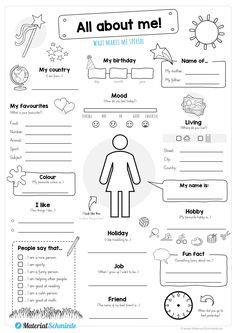 all about me worksheet for kids with pictures and words on the front page