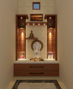 a room that has some lights on the wall and a clock in the corner with buddha statues