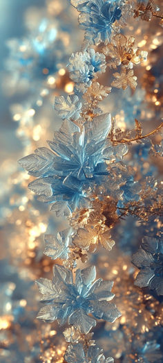 blue and gold snowflakes are seen in this image with the sun shining on them