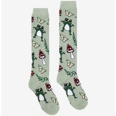 Frog Mushroom Knee-High Socks, Nwt Hop On This Pair Of Socks To Finish Off Your Cottagecore Look! These Knee-Highs Feature An Allover Toss Of Frogs, Butterflies And Mushrooms On A Sage Green Background. Fits Shoe Size 4 - 10 70% Polyester; 20% Nylon; 10% Spandex Wash Cold; Dry Low Imported Hunter Short Boot Socks, Polar Bear Theme, Compression Stockings Medical, Lace Boot Cuffs, Sage Green Background, Wool Hiking Socks, Frog Mushroom, Tall Boot Socks, Outdoor Socks