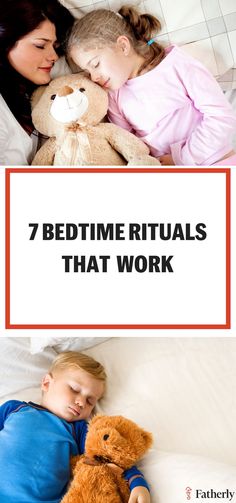 a mother and her child sleeping in bed with the text 7 bedtime rituals that work