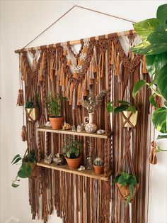 a shelf with plants and potted plants on it in front of a wall hanging