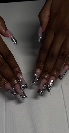 Sliver Nails, Silver Acrylic Nails, Prom Nails Silver, Glow Nails, Short Square Acrylic Nails, Acrylic Nails Coffin Pink