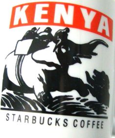 a close up of a coffee cup with the words kenya on it and an image of two horses