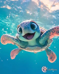 a close up of a sea turtle swimming in the water with its mouth open and tongue out