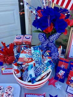 a patriotic table with red, white and blue candy bar wrappers in a bowl