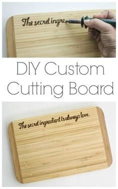 a cutting board with the words diy custom cutting board written on it and someone holding a knife