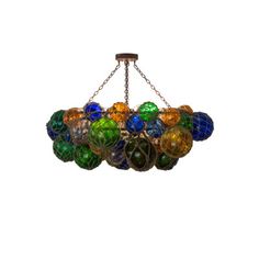 a chandelier with multi colored glass balls hanging from it's metal chain