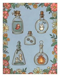 an image of bottles with animals in them and flowers around the bottom one is blue