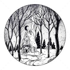 a house in the woods with trees and moon