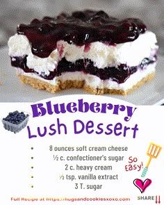 a blueberry lush dessert is shown on a white plate with the recipe below it