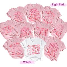 pink and white shirts with different designs on them