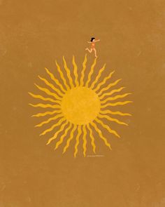 a drawing of a person standing in front of a yellow sun on a brown background