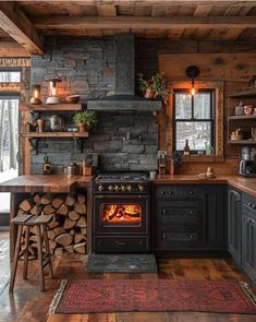 a stove top oven sitting inside of a kitchen next to a counter and stools